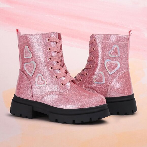 Girl's Pink Fashion Shiny Rubber Combat Kids Slip-on Lightweight Ankle Boots - Picture 6 of 7